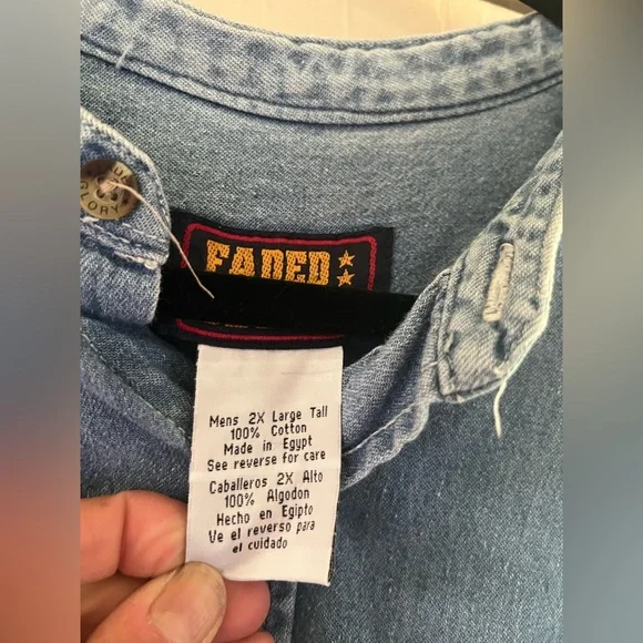 Men’s 90s Chambray Minimalist Preppy Denim Mandarin Collar Button Front 2X Shirt - Picture 2 of 6